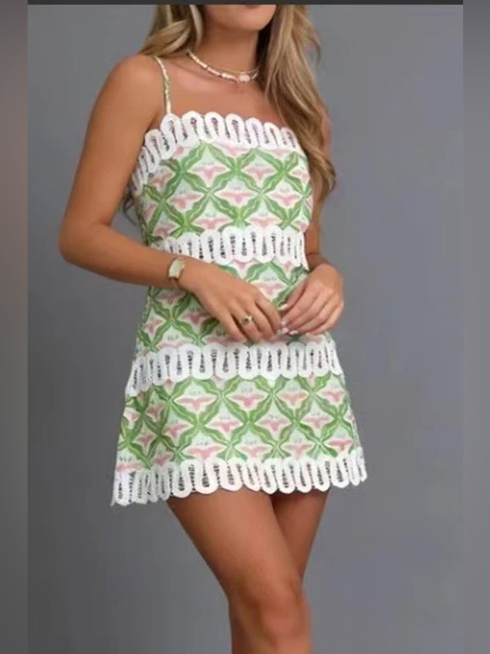 NWT Lace-Trim Green Patterned Mini Dress - Picture 4 of 5